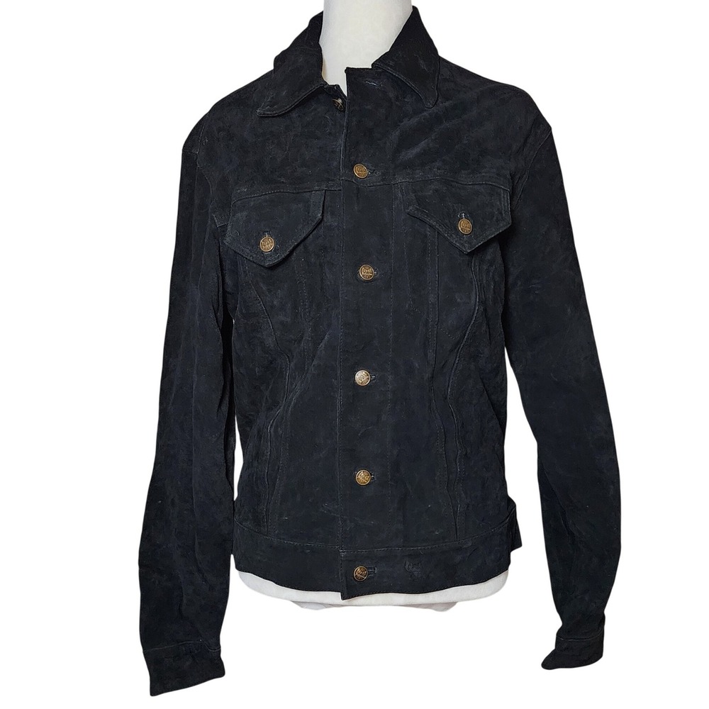 November Clothing Co Womens Black Suede Leather Trucker Jacket Bandana Lining S